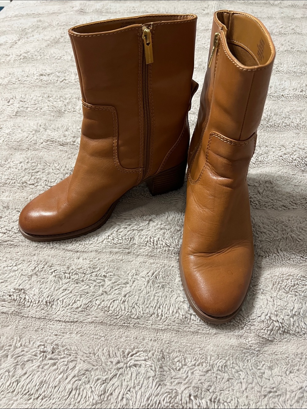 Vince Camuto Cognac Leather Mid-Calf Block Heel Boots